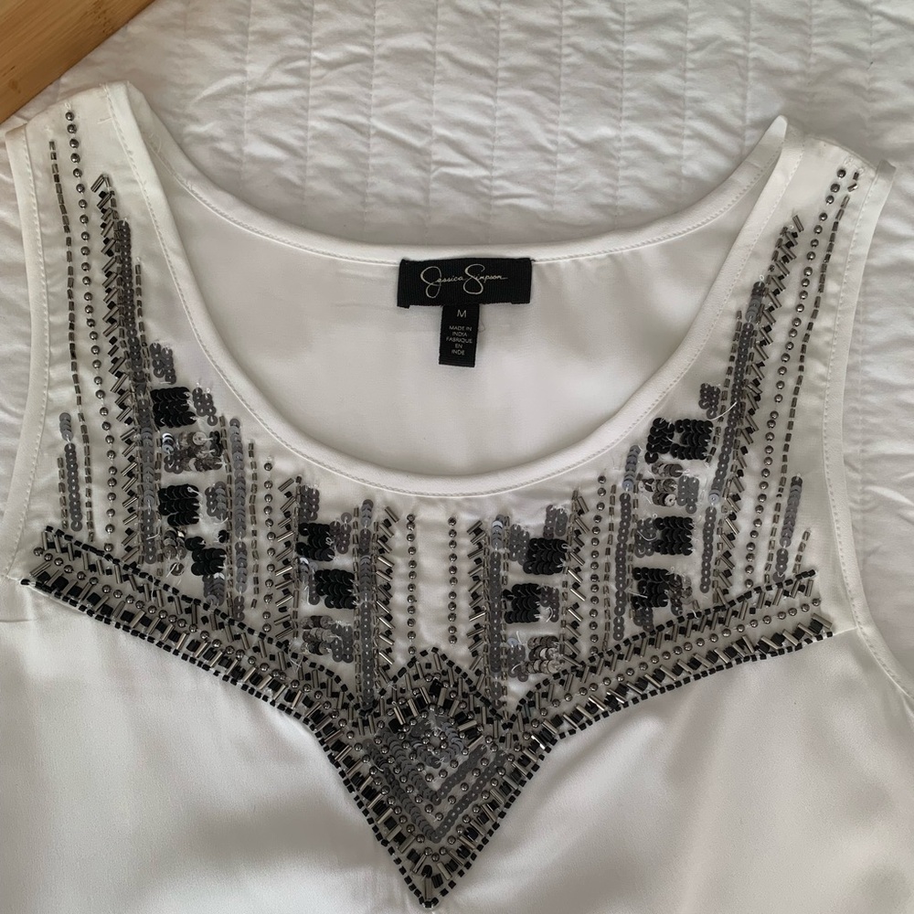 Jessica Simpson Tank Top Women’s M White Silver Blouse Sequin Beaded Sleeveless - Picture 6 of 16